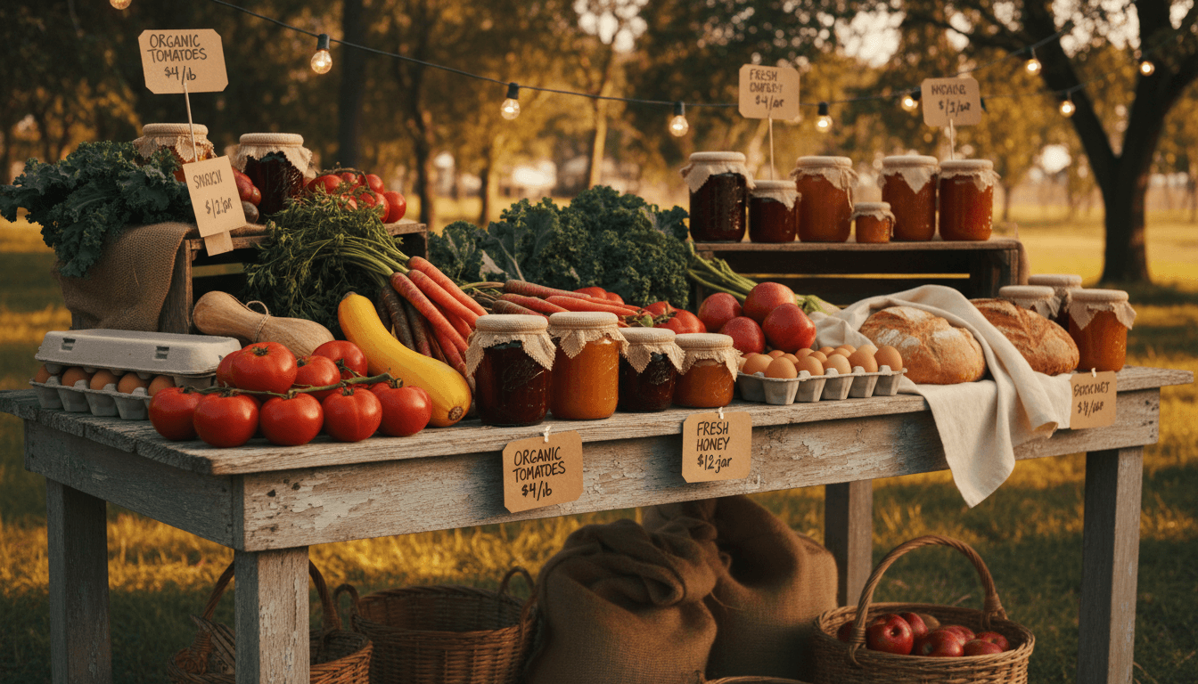 Farm-fresh produce arranged on a wooden table