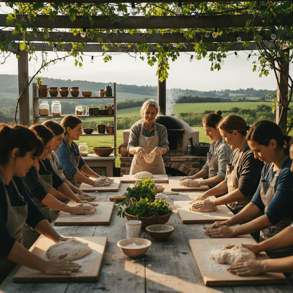 Workshop attendees kneading dough at a long table