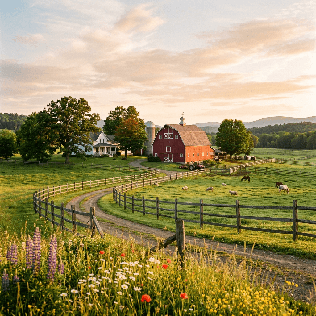 Farm dinner at golden hour with long communal tables