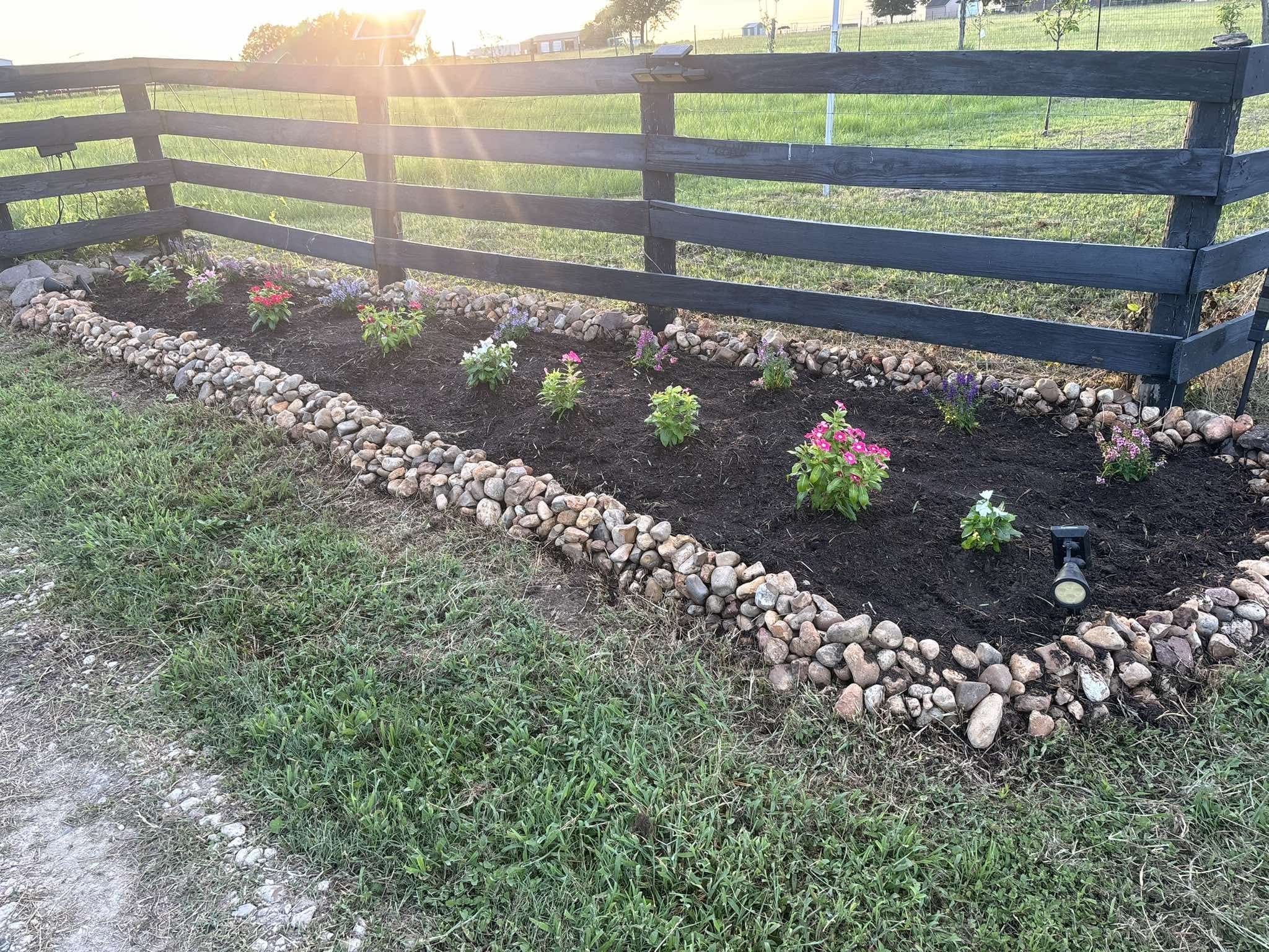 Flower beds along the ranch fence, lit by the low sun