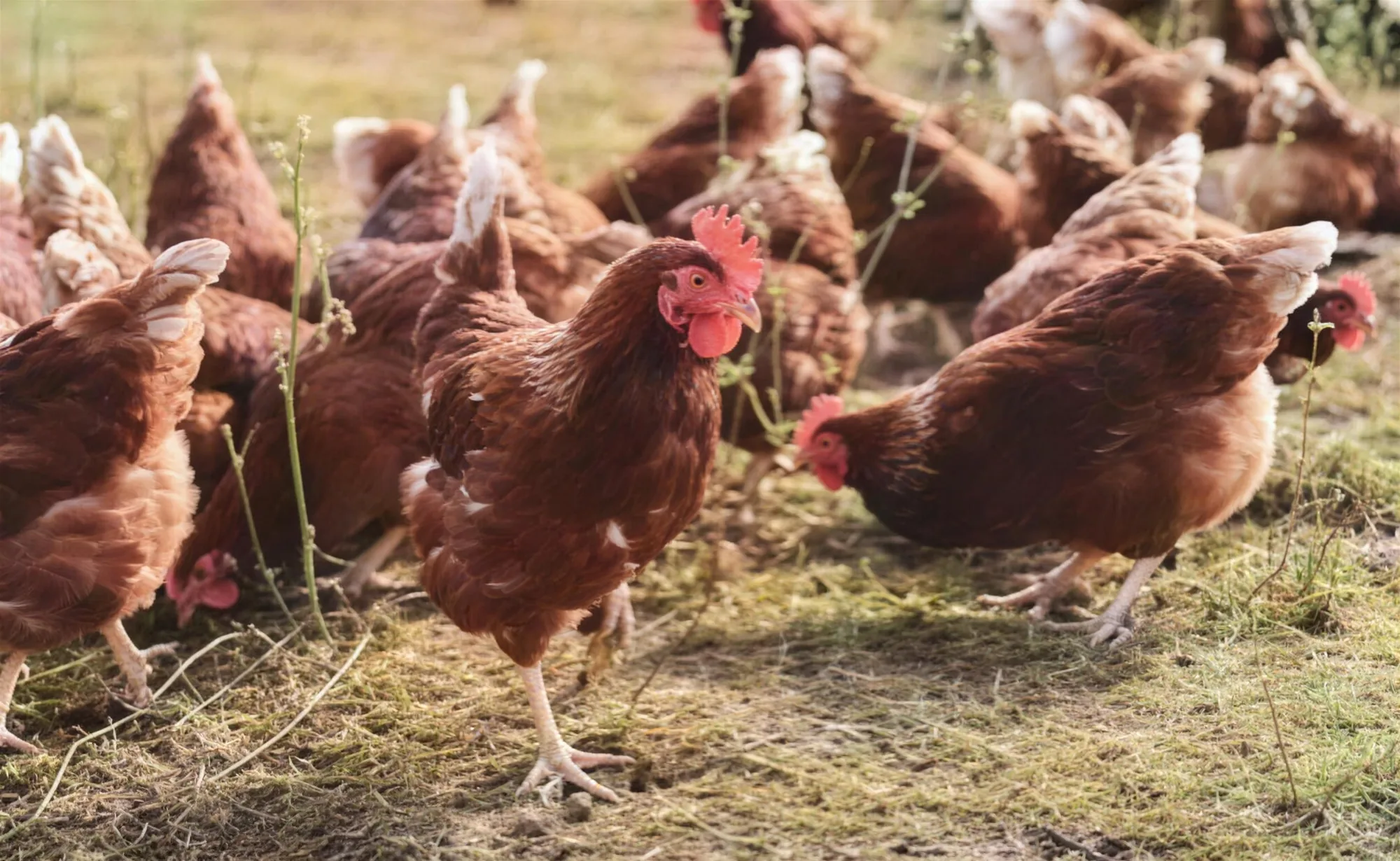 A flock of red hens free ranging on grass pasture at Angry Dog Farms
