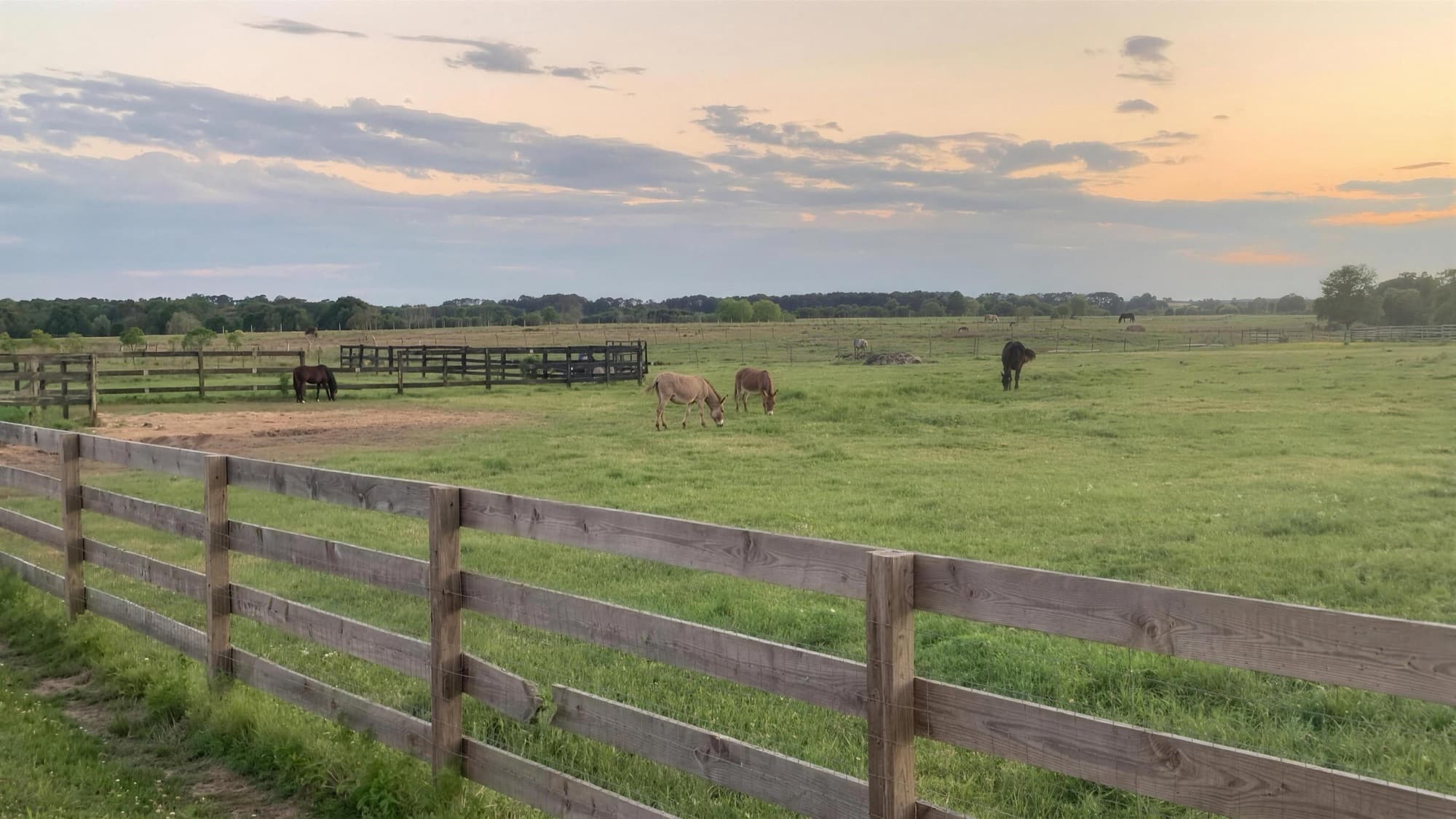 Horses grazing behind a wooden pasture fence