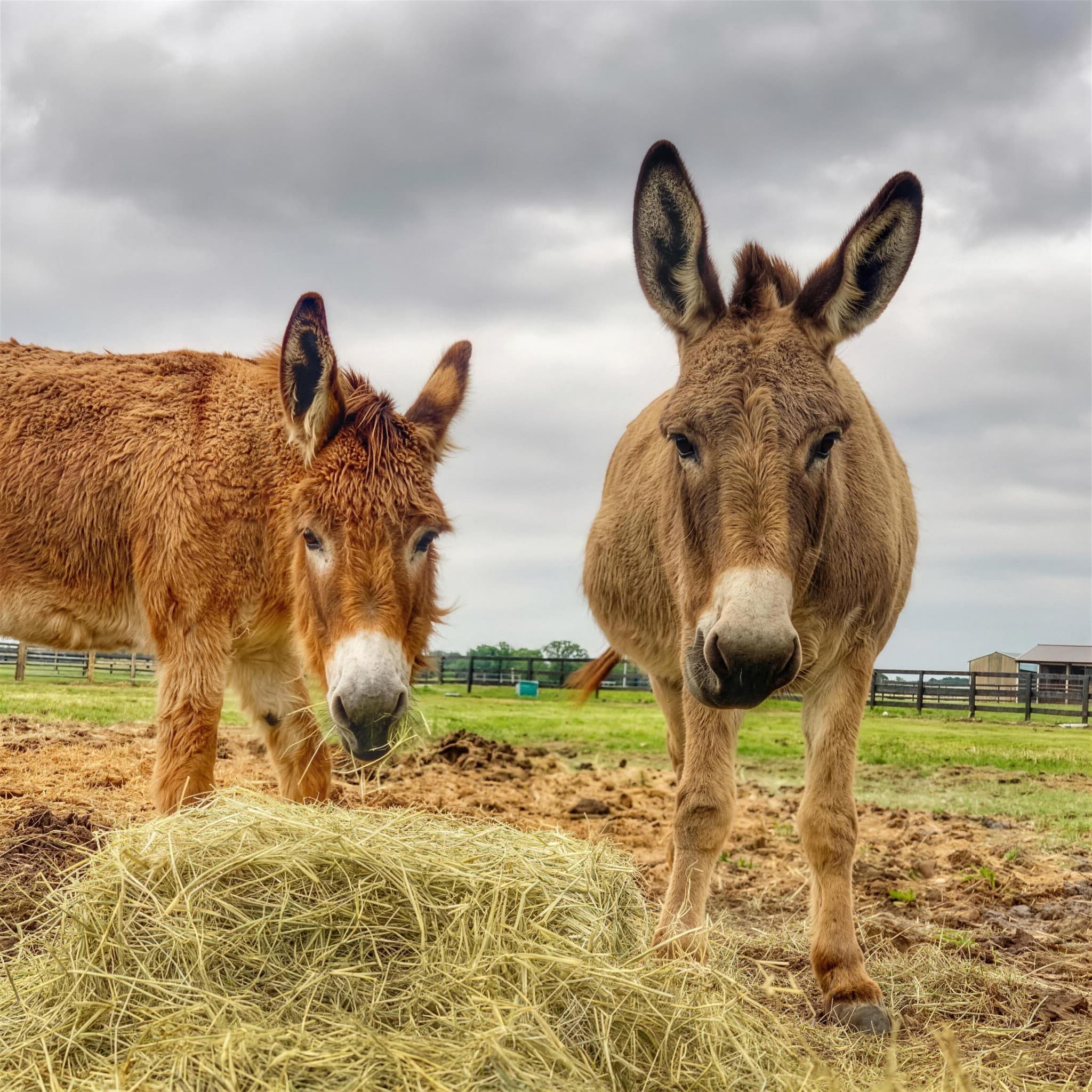 Two donkeys standing at a loose bale of hay in a fenced pasture under a grey sky, one facing the camera with its tall ears up.
