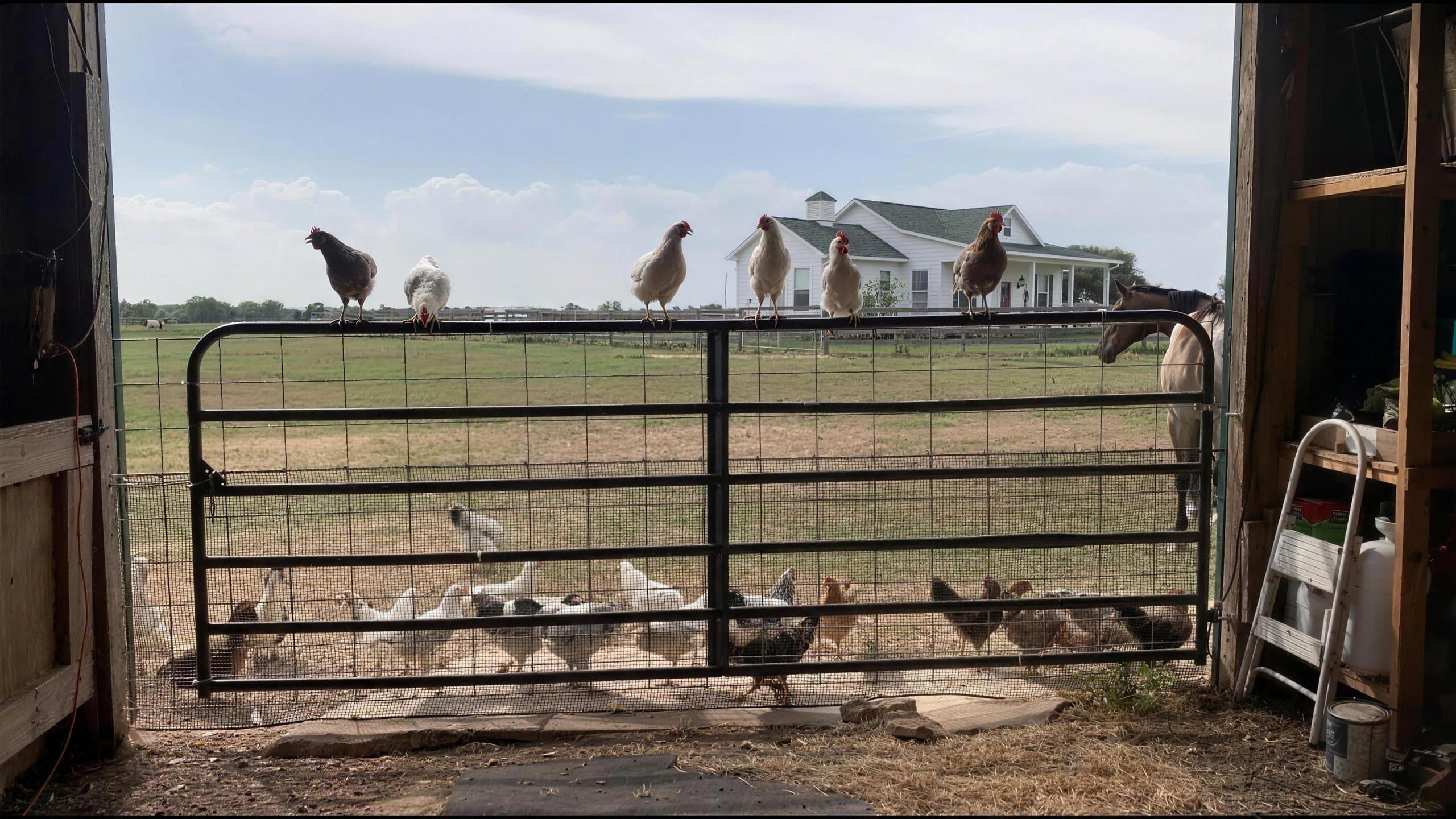 A row of hens perched on a farm gate, looking out toward the farmhouse and pasture, with a horse leaning in from the barn