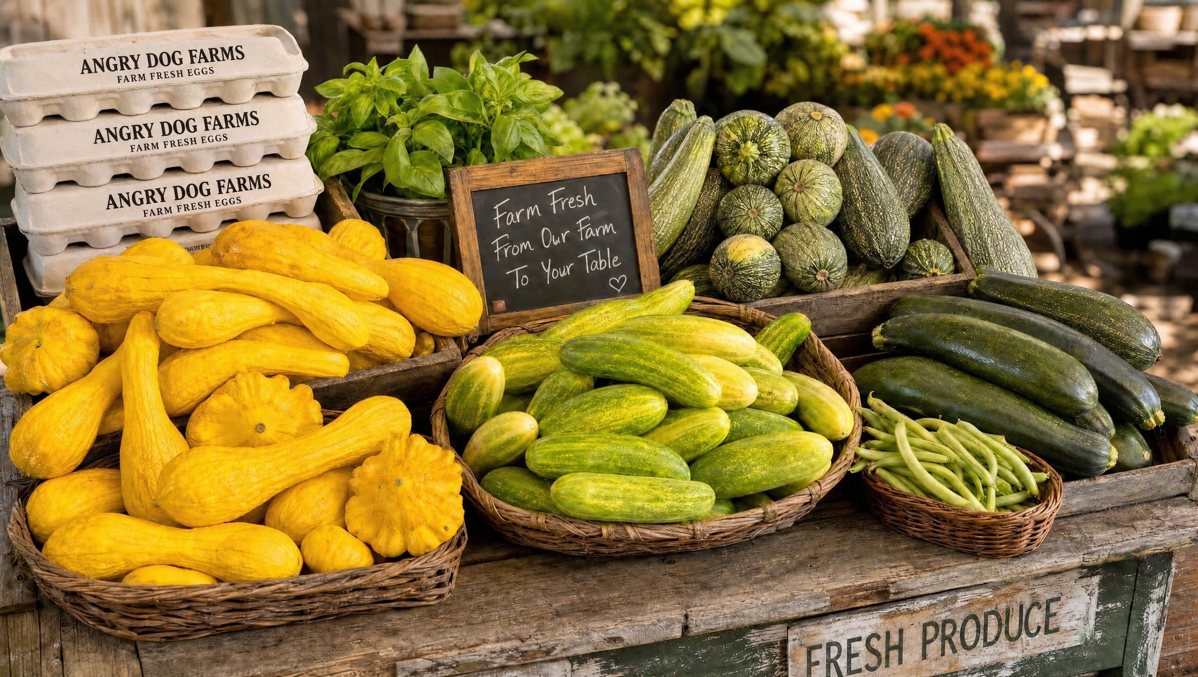A farm stand piled with yellow summer squash, cucumbers, zucchini, and green beans beside Angry Dog Farms egg cartons and a fresh produce sign