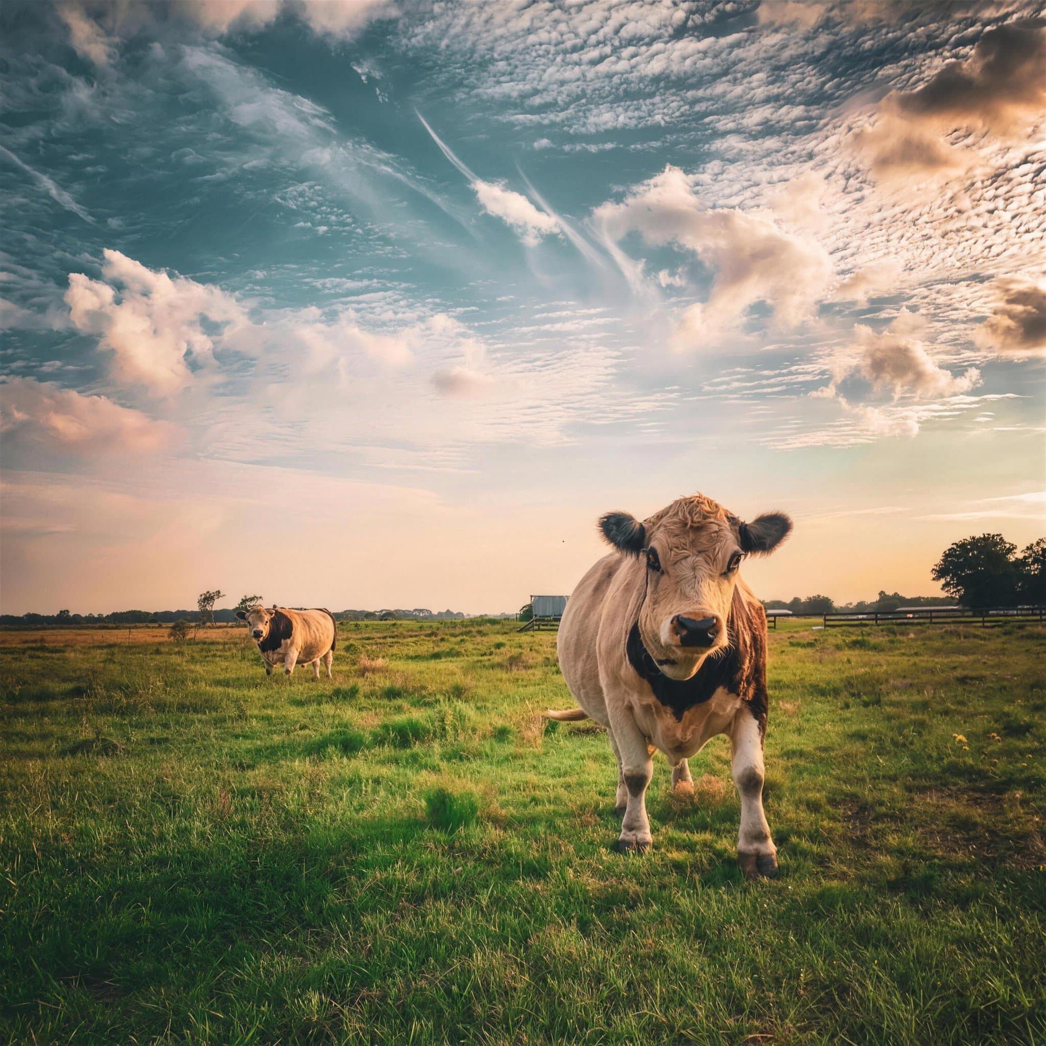 A belted cow standing calm in the pasture under a wide open sky