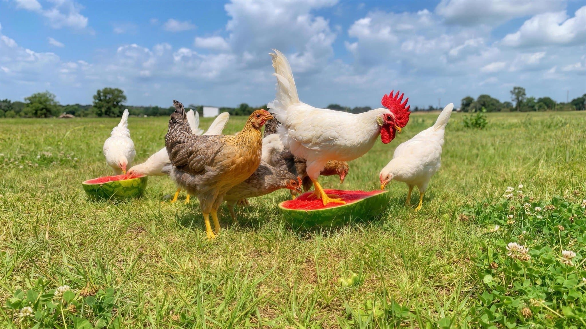 Hens crowding around a slice of watermelon in the chicken yard