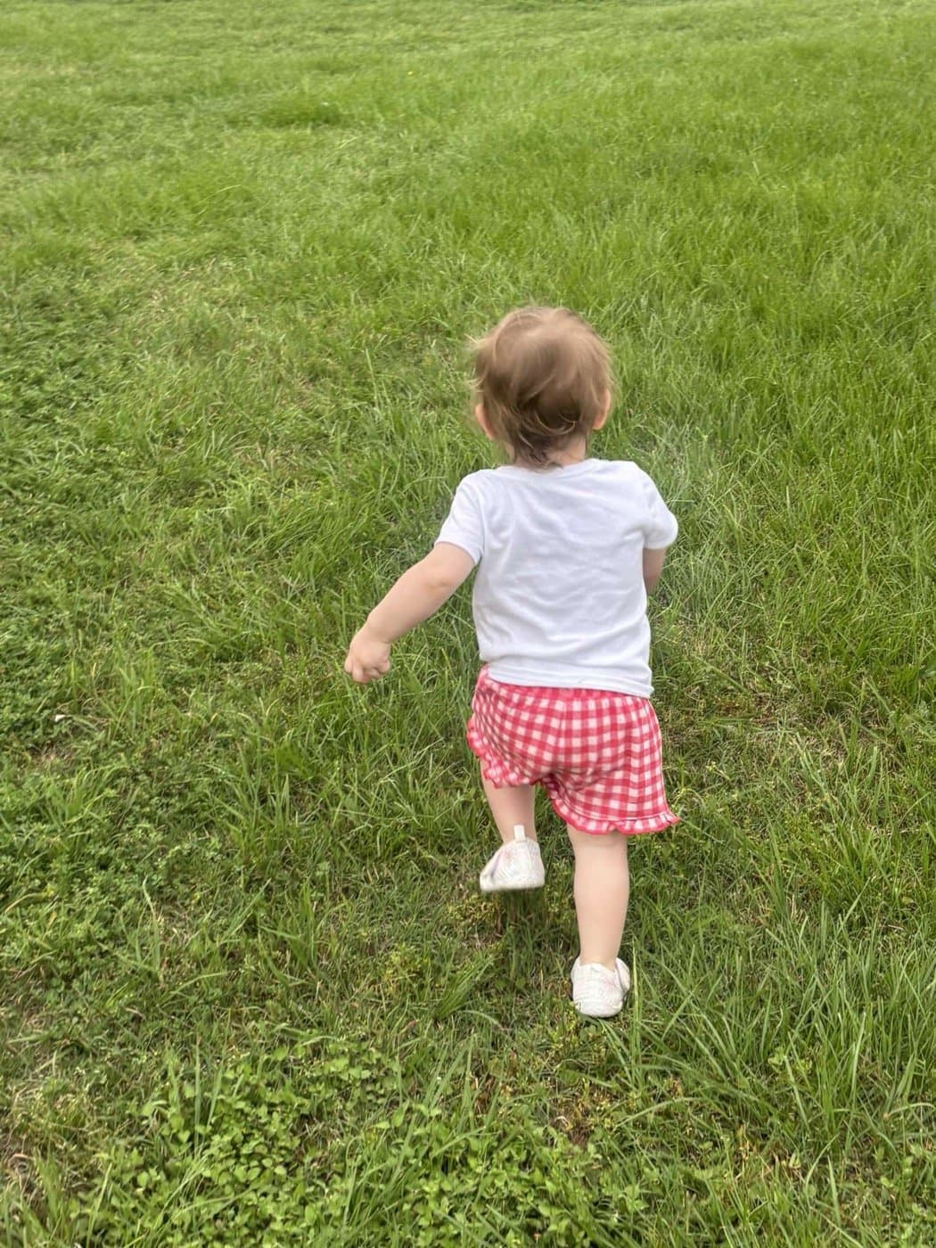 A young visitor running across the open pasture on a farm day