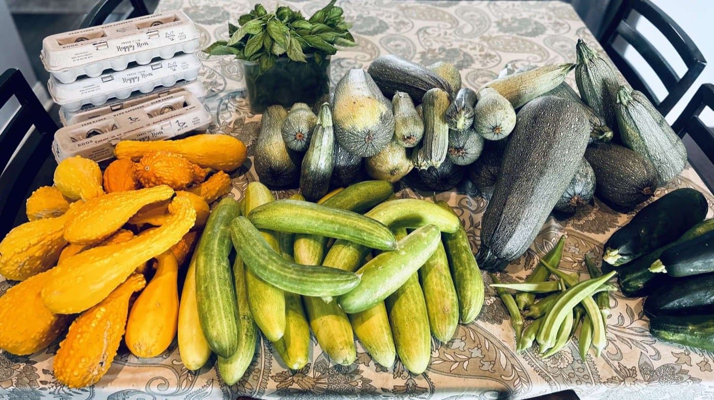 A table of the week's fresh harvest and farm eggs