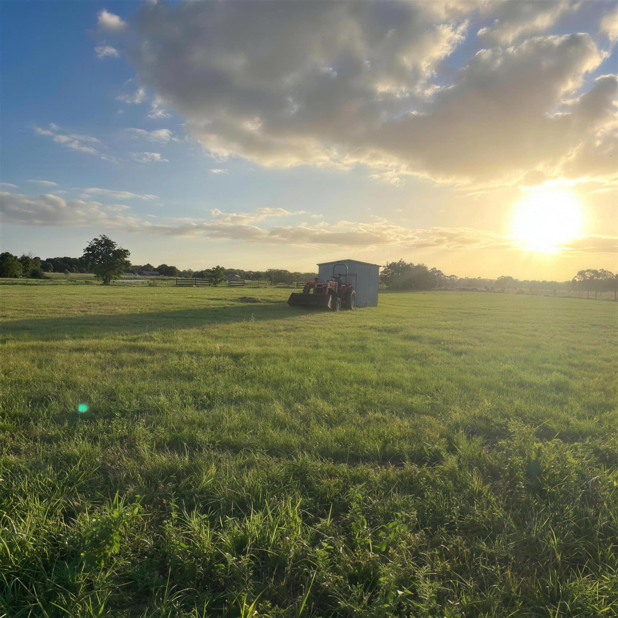 A tractor parked out in the pasture as the sun rises over the farm