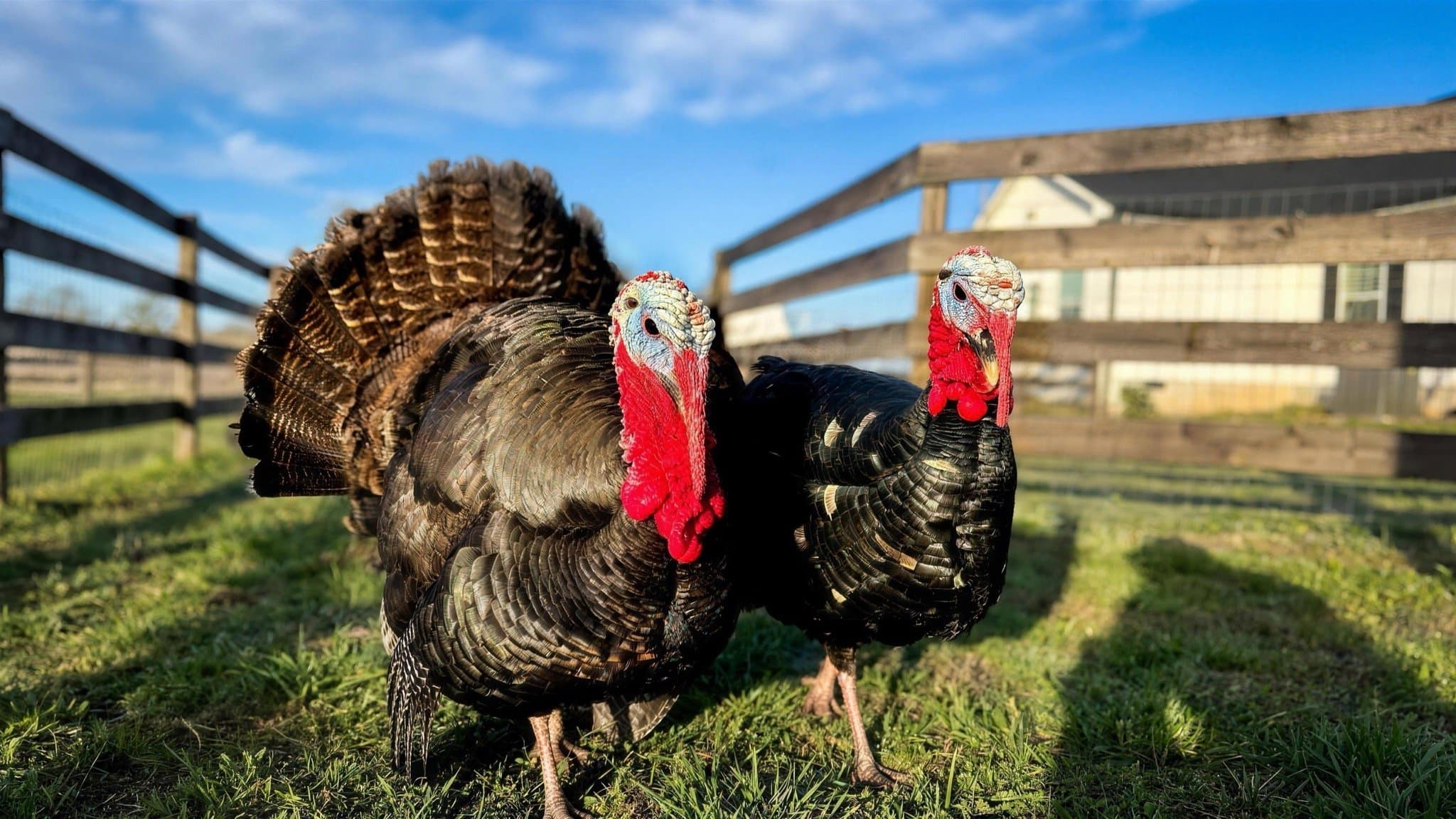 Two tom turkeys puffed up and displaying their feathers in the yard