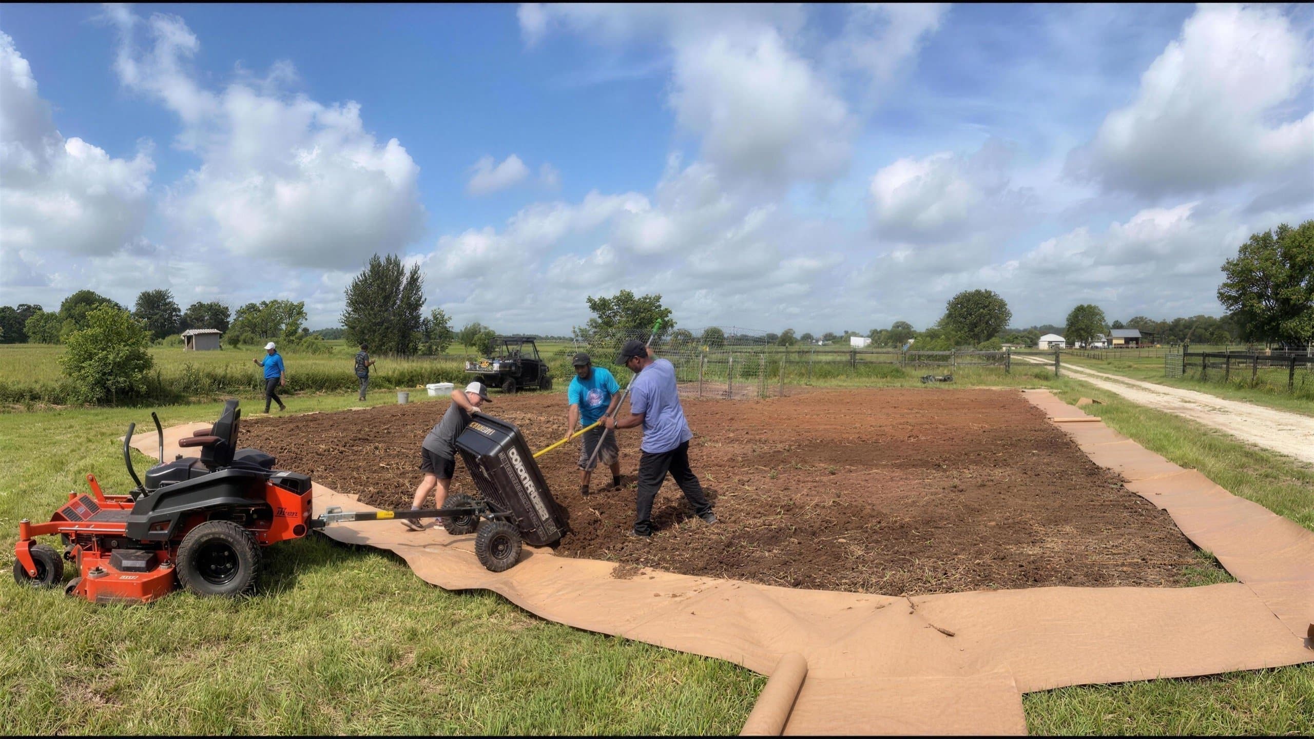 Volunteers spreading compost across a garden bed, one towing a dump cart behind a zero-turn mower.