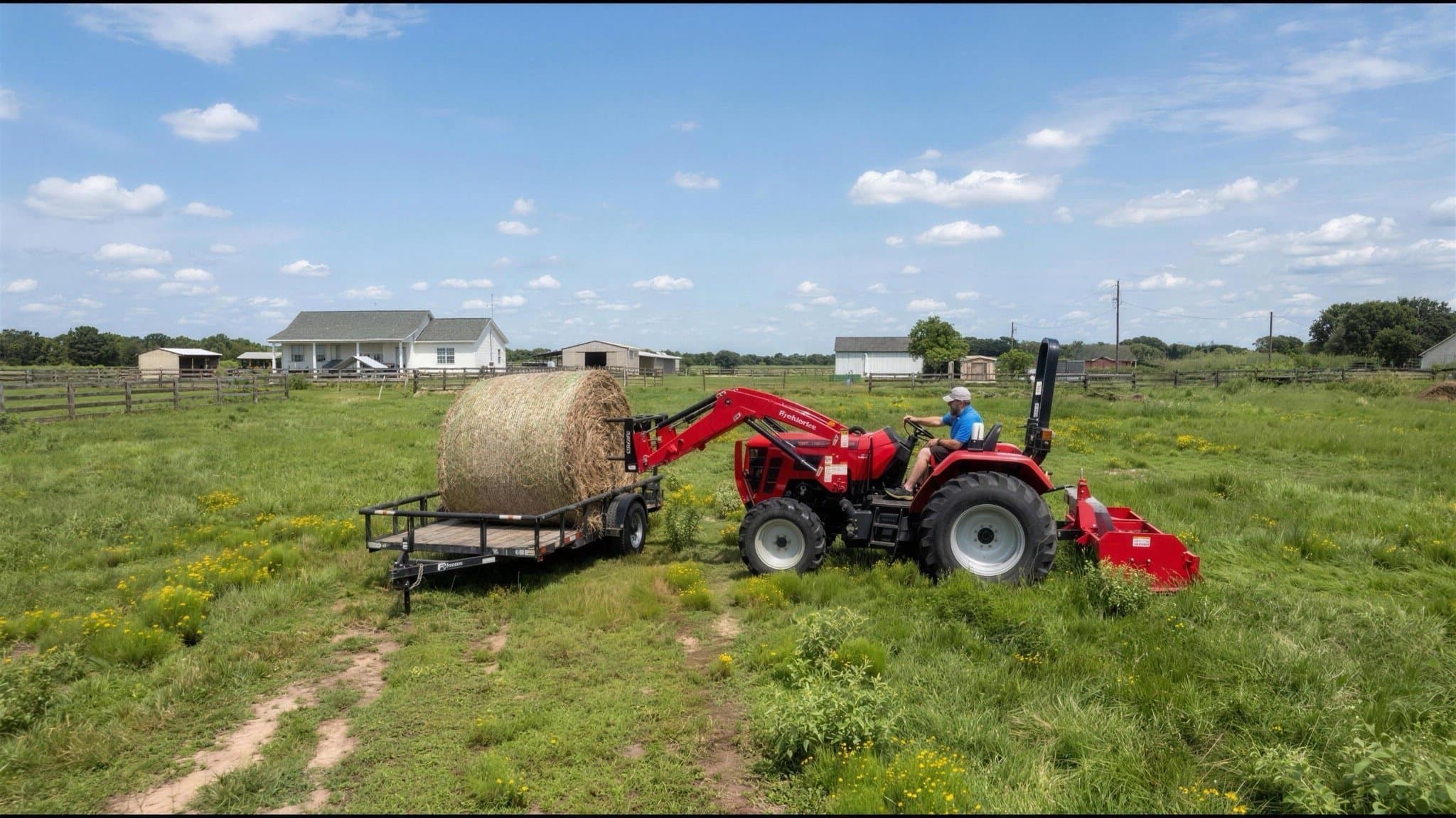 An overhead view of a red tractor towing a round hay bale on a flatbed trailer across the green pasture, the farmhouse behind.